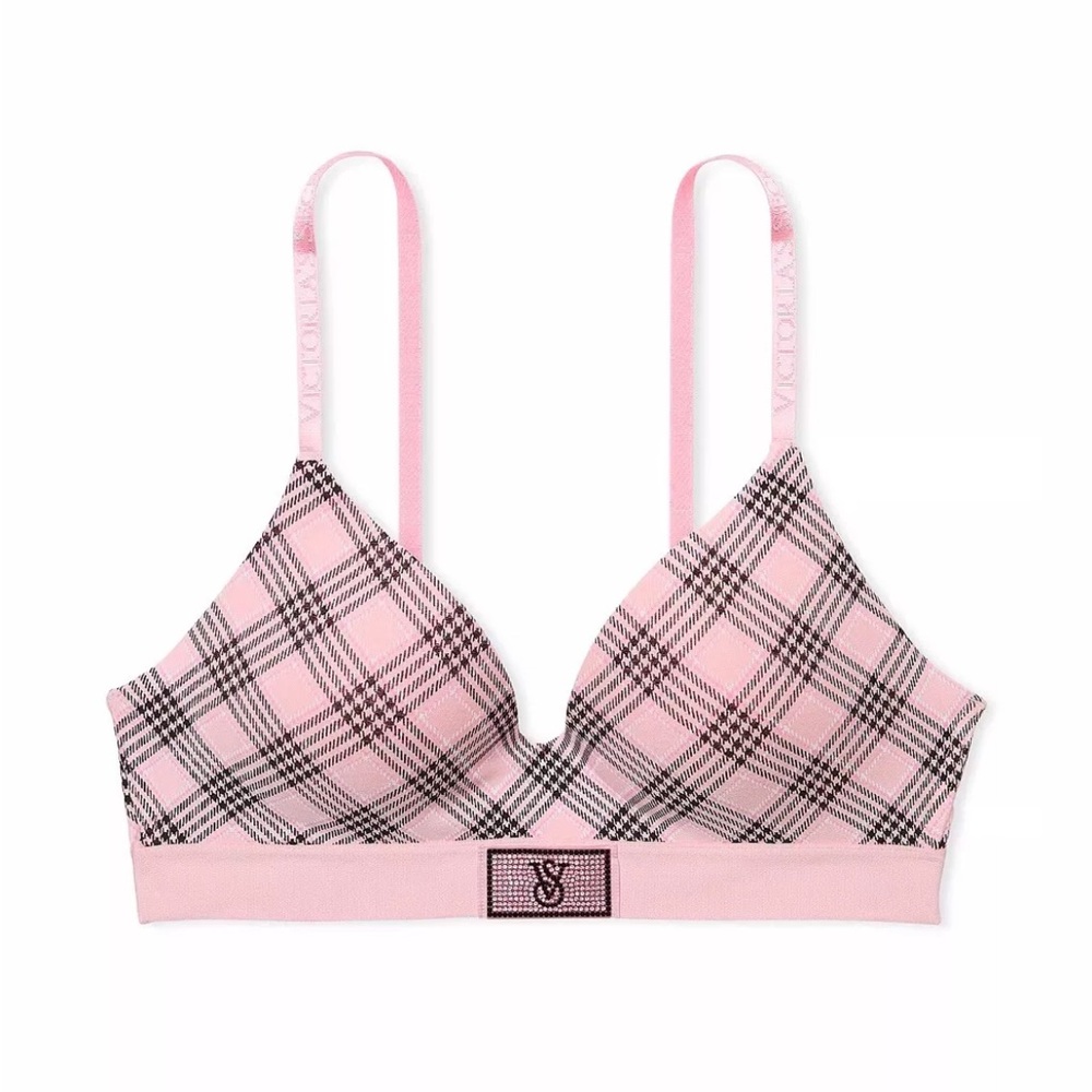 Victoria’s Secret Shine Patch Lightly Lined Wireless Bra Pink Plaid Bling 38B